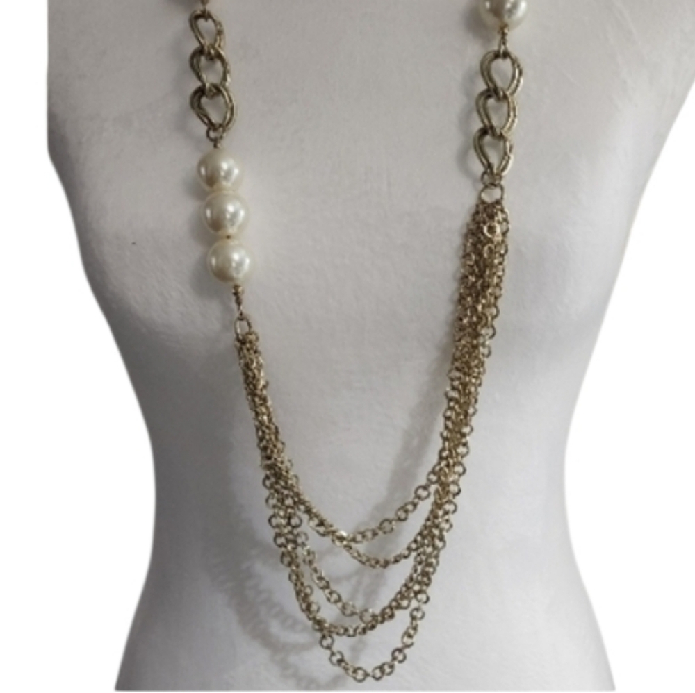 Gold Multi Chain Pearl Necklace